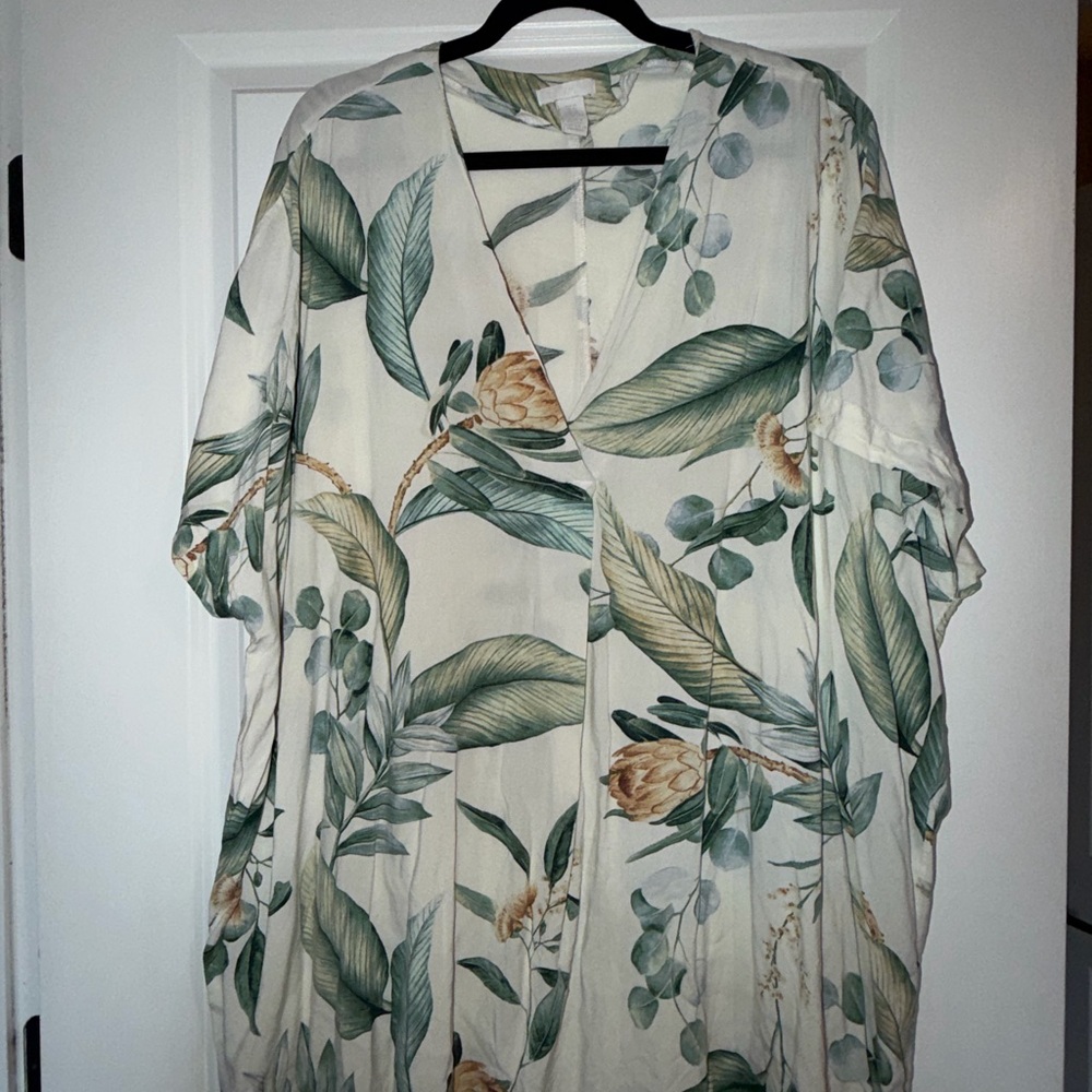 H&M Cream Tropical Leaf Print Swim Coverup with Green Accents